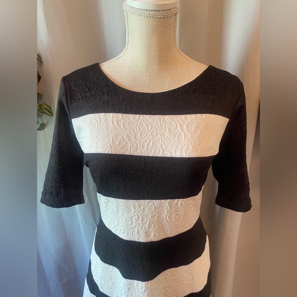 ❌SOLD❌ROBBIE BEE BLACK AND WHITE STRIPED FIT AND FLARE DRESS PL LARGE - Picture 2 of 5